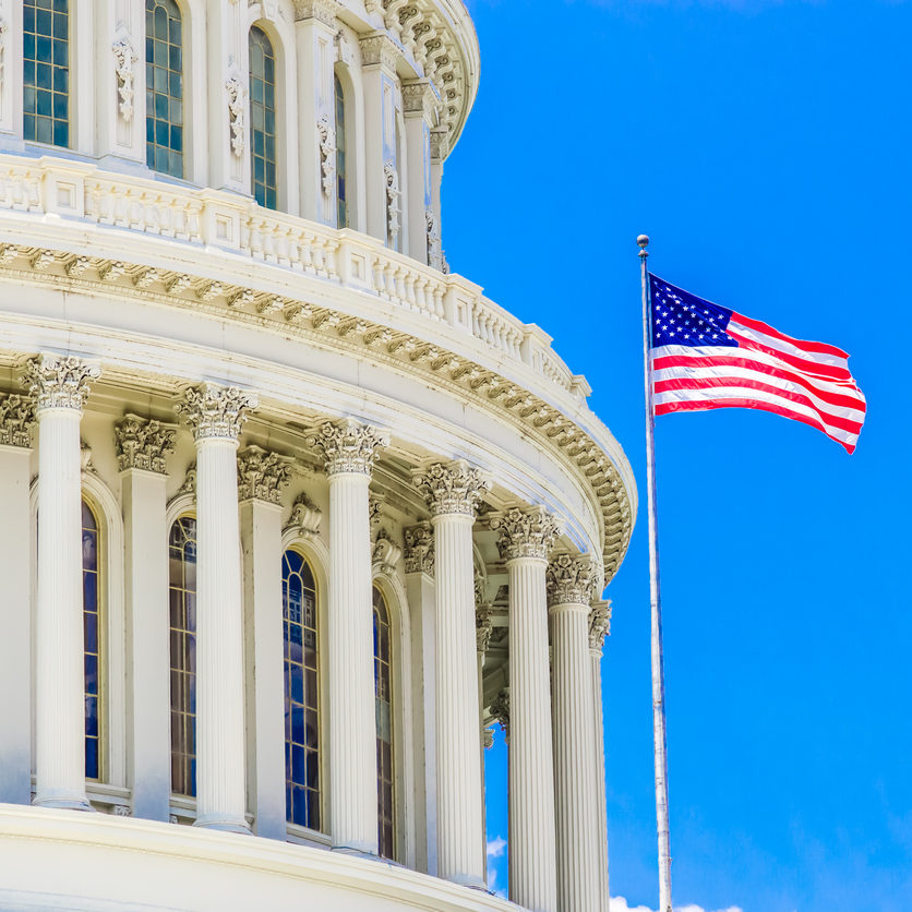 US Capitol Building on a clear day with blue sky. Senate and House of Representatives of the United States Government